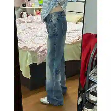 邓大喵 加长版美式复古低腰微喇女秋季水洗宽松阔腿拖地裤子潮牛仔裤 女款