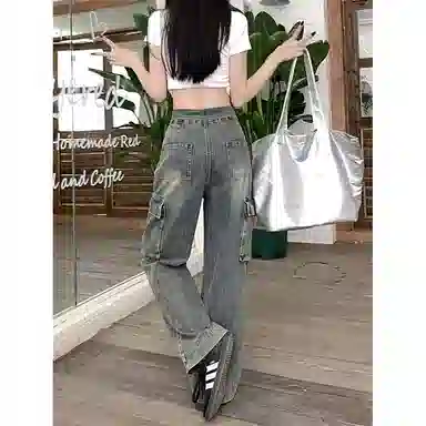 邓大喵 美式复古街头设计翻腰阔腿女夏季宽松直筒拖地工装裤子牛仔裤 女款