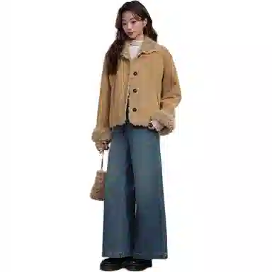 邓大喵 短款冬季皮毛一体麂皮加绒上衣女外套 女款