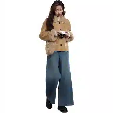 邓大喵 短款冬季皮毛一体麂皮加绒上衣女外套 女款