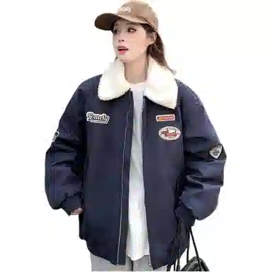 邓大喵 美式加棉加厚外套女秋冬翻领拼色绣标宽松保暖棉服棒球服 女款