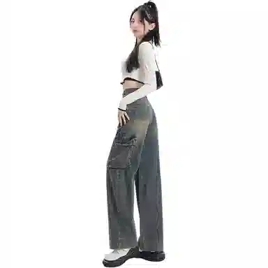 邓大喵 美式翻边直筒女春季美拉德复古工装裤阔腿裤长裤牛仔裤 女款