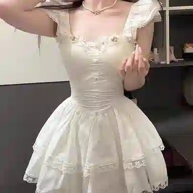邓大喵 甜美小飞袖花朵公主裙夏季法式初恋收腰蓬蓬裙短袖连衣裙 女款