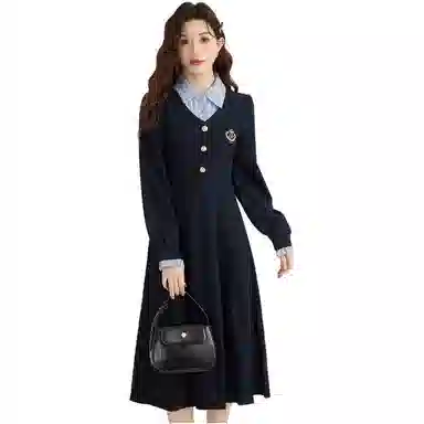邓大喵 学院风拼接假两件女春季秋季法式高级感收腰显瘦精致长裙子连衣裙 女款