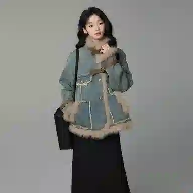 邓大喵 法式复古毛毛牛仔女秋冬季宽松设计时尚通勤文艺百搭上衣外套 女款