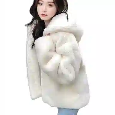 邓大喵 秋冬季仿加厚獭兔毛连帽百搭大衣环保外穿显瘦潮皮草 女款