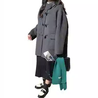邓大喵 秋冬连帽牛角扣双面毛呢女小个子百搭减龄外套好看大衣 女款