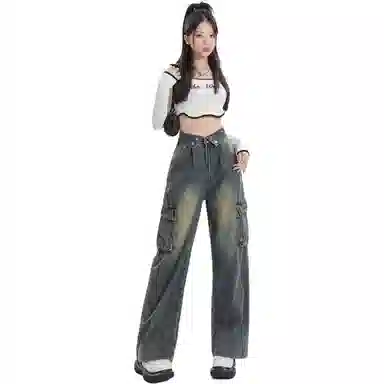 邓大喵 美式翻边直筒女春季美拉德复古工装裤阔腿裤长裤牛仔裤 女款