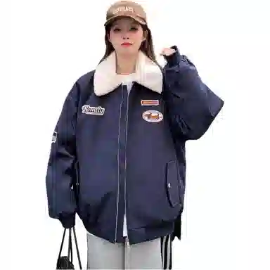 邓大喵 美式加棉加厚外套女秋冬翻领拼色绣标宽松保暖棉服棒球服 女款