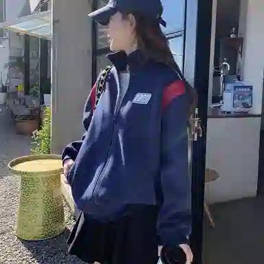 邓大喵 开衫复古春秋外套春季夹克美式立领宽松设计撞色棒球卫衣 女款
