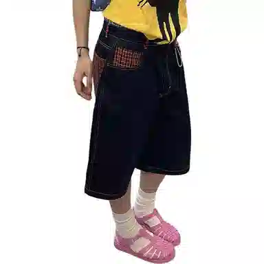 邓大喵 美式复古格子拼接七分裤低腰炸街宽松工装中裤牛仔短裤 女款