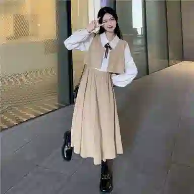邓大喵 假两件撞色拼接秋季法式复古学院风收腰显瘦中长款裙子长袖连衣裙 女款