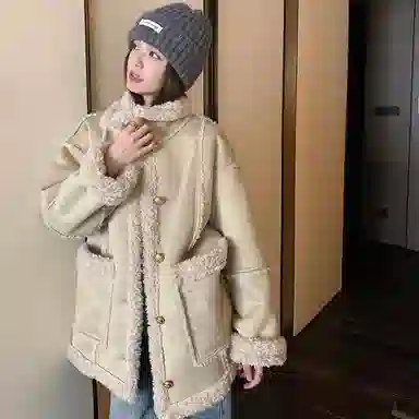 邓大喵 美拉德韩系宽松休闲羊羔毛外套女秋冬季加厚皮毛一体大衣皮草 女款