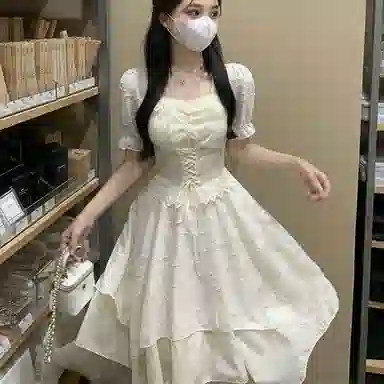 邓大喵 法式复古小众甜美淑女仙气名媛风白月光初恋不规则裙边纯色方领休闲高腰赫本风收腰气质蕾丝边绑带中长款短袖连衣裙 女款 杏色