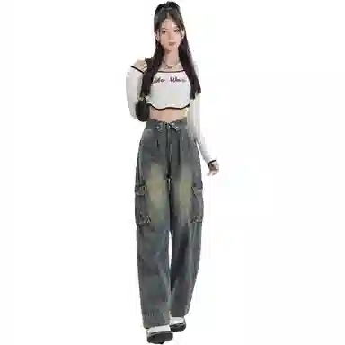 邓大喵 美式翻边直筒女春季美拉德复古工装裤阔腿裤长裤牛仔裤 女款
