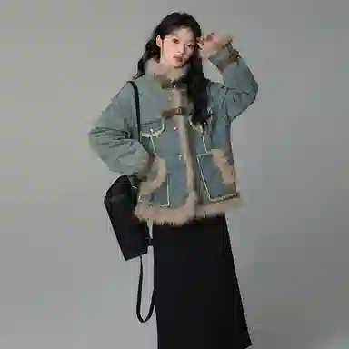 邓大喵 法式复古毛毛牛仔女秋冬季宽松设计时尚通勤文艺百搭上衣外套 女款