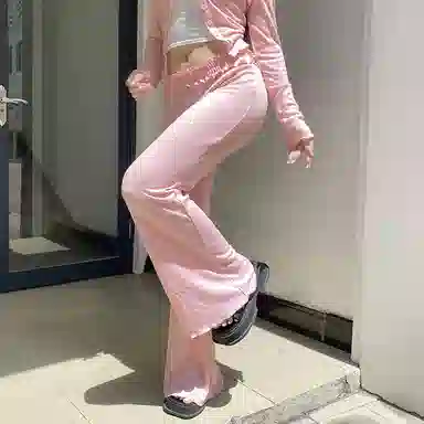 邓大喵 甜美粉色褶皱腰头拼接蝴蝶结长裤百搭居家可外穿直筒裤休闲裤 女款