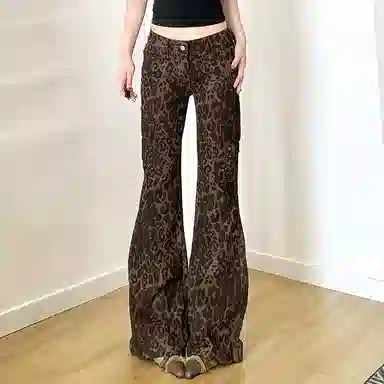 邓大喵 美式复古简约休闲豹纹铆钉高腰辣妹百搭长裤喇叭裤女牛仔裤 女款