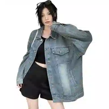 邓大喵 美式水洗复古百搭秋季女高街潮牌宽松情侣夹克牛仔外套 女款