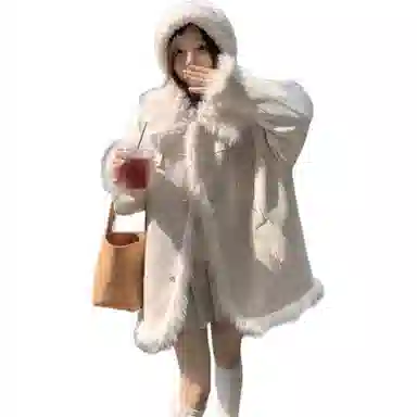 邓大喵 大码毛毛拼接翻领夹棉外套女冬季中长款宽松保暖可爱开衫上衣棉服 女款