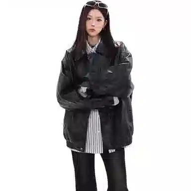 邓大喵 美拉德美式复古宽松高级感翻领皮衣 女款