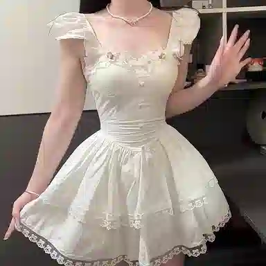 邓大喵 甜美小飞袖花朵公主裙夏季法式初恋收腰蓬蓬裙短袖连衣裙 女款