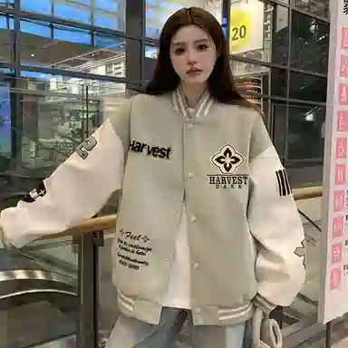 邓大喵 美式复古国潮字母刺绣女春季休闲宽松学生情侣夹克外套棒球服 女款