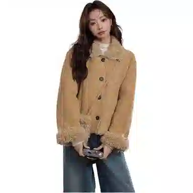 邓大喵 短款冬季皮毛一体麂皮加绒上衣女外套 女款