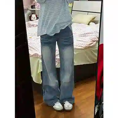 邓大喵 加长版美式复古低腰微喇女秋季水洗宽松阔腿拖地裤子潮牛仔裤 女款
