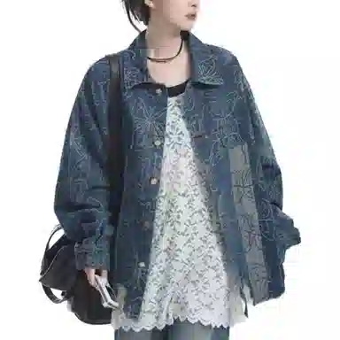 邓大喵 下摆破洞蝴蝶提花女中长款早春秋季毛边流苏刺绣夹克上衣牛仔外套 女款