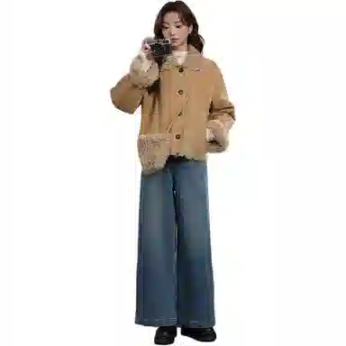 邓大喵 短款冬季皮毛一体麂皮加绒上衣女外套 女款
