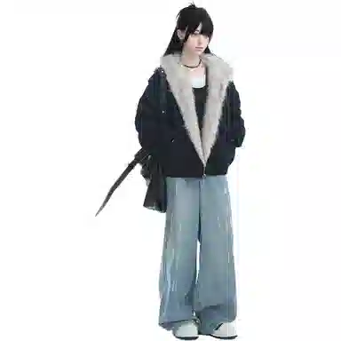 邓大喵 美式复古加棉加厚毛领连帽外套女冬季高级感毛绒棉衣棉服 女款