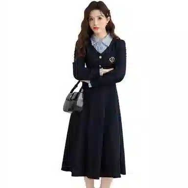 邓大喵 学院风拼接假两件女春季秋季法式高级感收腰显瘦精致长裙子连衣裙 女款
