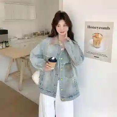 邓大喵 渐变色做旧女春季小个子设计感宽松炸街夹克上衣牛仔外套 女款