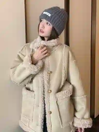 邓大喵 美拉德韩系宽松休闲羊羔毛外套女秋冬季加厚皮毛一体大衣皮草 女款