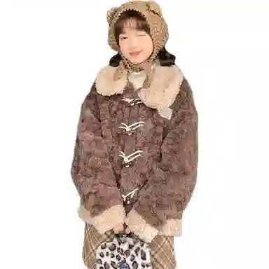 邓大喵 牛角扣羊羔毛外套女冬年轻款宽松加厚保暖毛绒绒环保皮草 女款