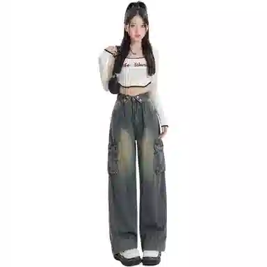 邓大喵 美式翻边直筒女春季美拉德复古工装裤阔腿裤长裤牛仔裤 女款