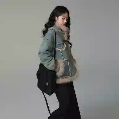 邓大喵 法式复古毛毛牛仔女秋冬季宽松设计时尚通勤文艺百搭上衣外套 女款