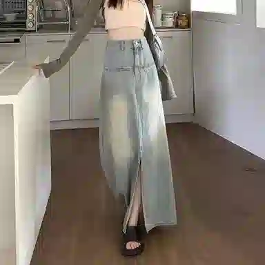 邓大喵 高腰薄款设计开叉长款百搭裙子牛仔长裙 女款