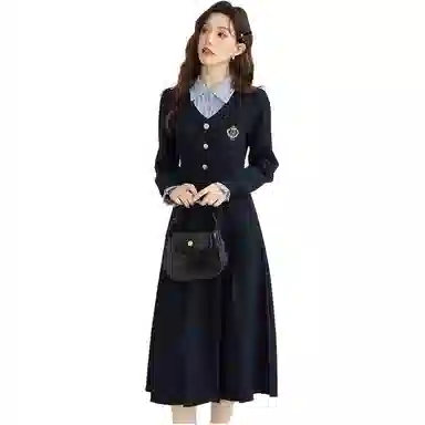 邓大喵 学院风拼接假两件女春季秋季法式高级感收腰显瘦精致长裙子连衣裙 女款
