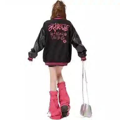 邓大喵 设计感小众字母印花撞色皮袖女春秋季宽松情侣夹克外套棒球服 女款
