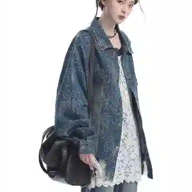 邓大喵 下摆破洞蝴蝶提花女中长款早春秋季毛边流苏刺绣夹克上衣牛仔外套 女款