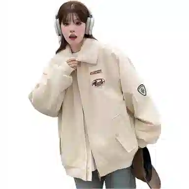 邓大喵 美式加棉加厚外套女秋冬翻领拼色绣标宽松保暖棉服棒球服 女款
