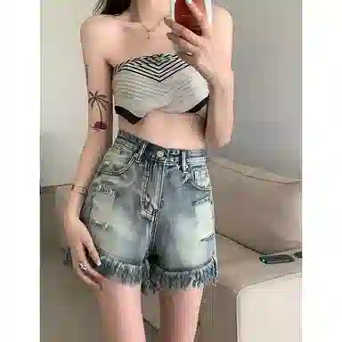 邓大喵 复古水洗做旧毛边宽松高腰牛仔短裤 女款