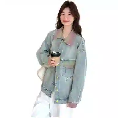 邓大喵 渐变色做旧女春季小个子设计感宽松炸街夹克上衣牛仔外套 女款