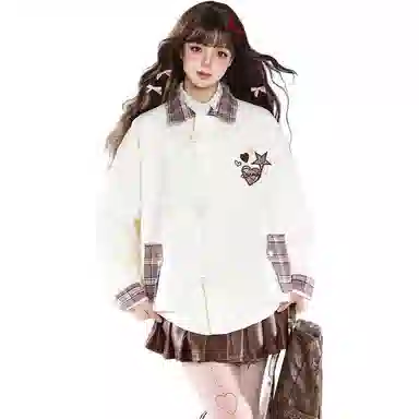 邓大喵 春季潮牌格子拼接翻领复古宽松百搭休闲夹克外套 女款