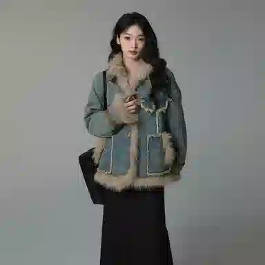 邓大喵 法式复古毛毛牛仔女秋冬季宽松设计时尚通勤文艺百搭上衣外套 女款
