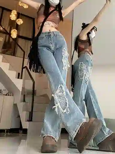 邓大喵 美式辣妹加长微喇叭女夏季高腰宽松显瘦阔腿拖地裤子潮牛仔裤 女款