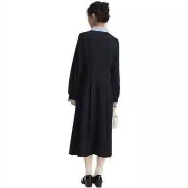 邓大喵 学院风拼接假两件女春季秋季法式高级感收腰显瘦精致长裙子连衣裙 女款