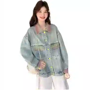 邓大喵 渐变色做旧女春季小个子设计感宽松炸街夹克上衣牛仔外套 女款